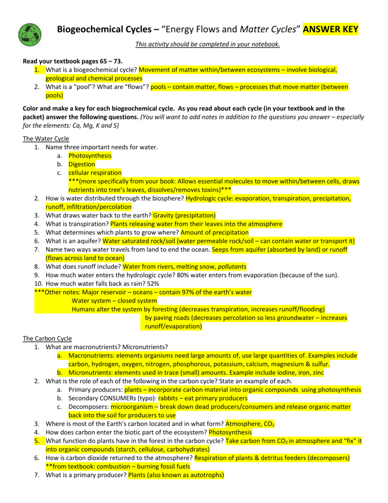 Biogeochemical Cycles Packet ANSWER KEY