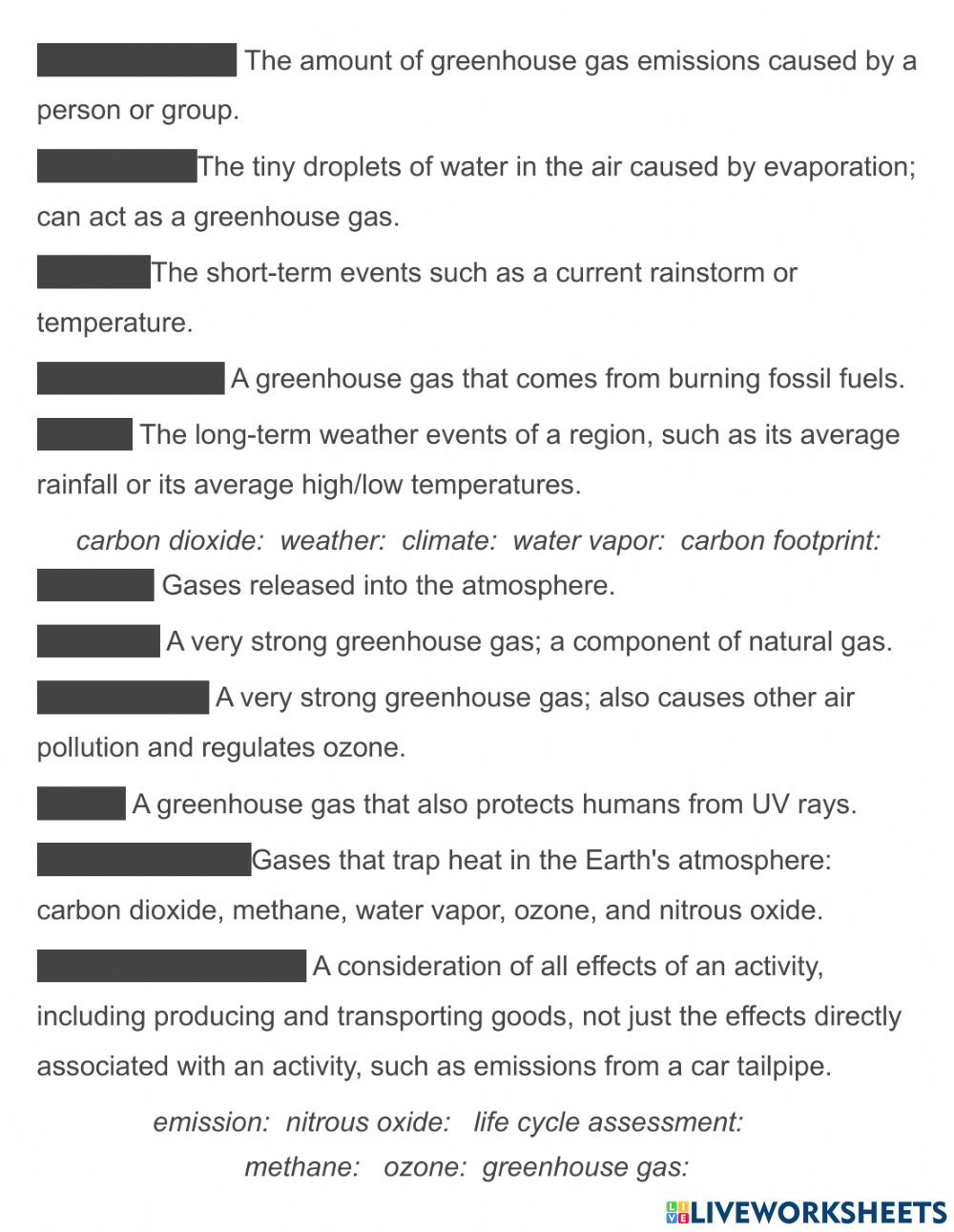 Carbon Cycle Vocabulary Worksheet