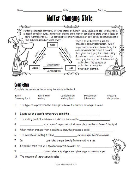 Changes Of State Worksheet Answers Matter Worksheets States Of 