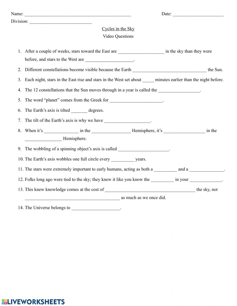 Crash Course Astronomy Cycles In The Sky Worksheet