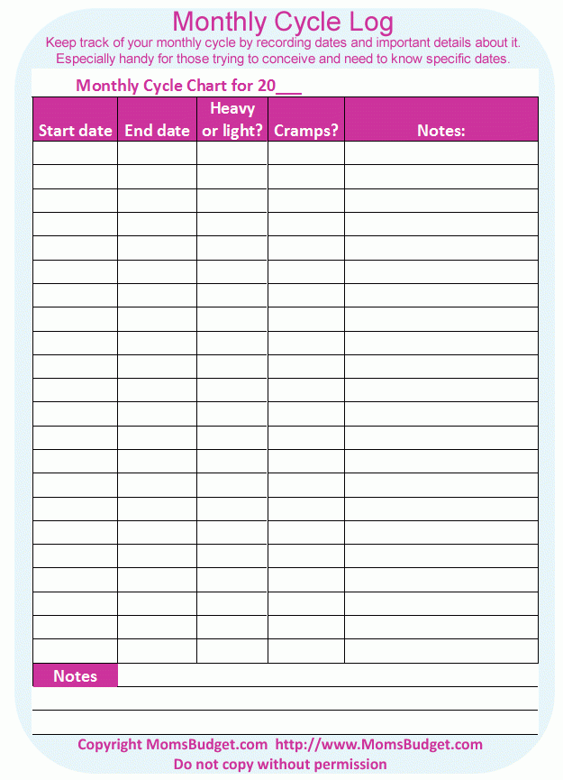 Monthly Menstrual Period Cycle Log Printable Moms Budget