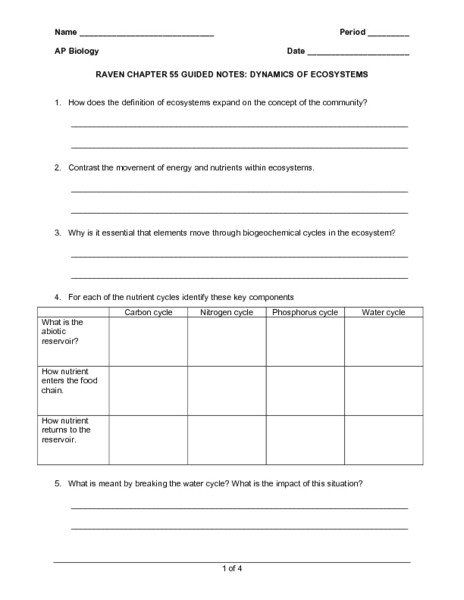 Nutrient Cycles Worksheet Answers Dynamics Of Ecosystems Worksheet For 