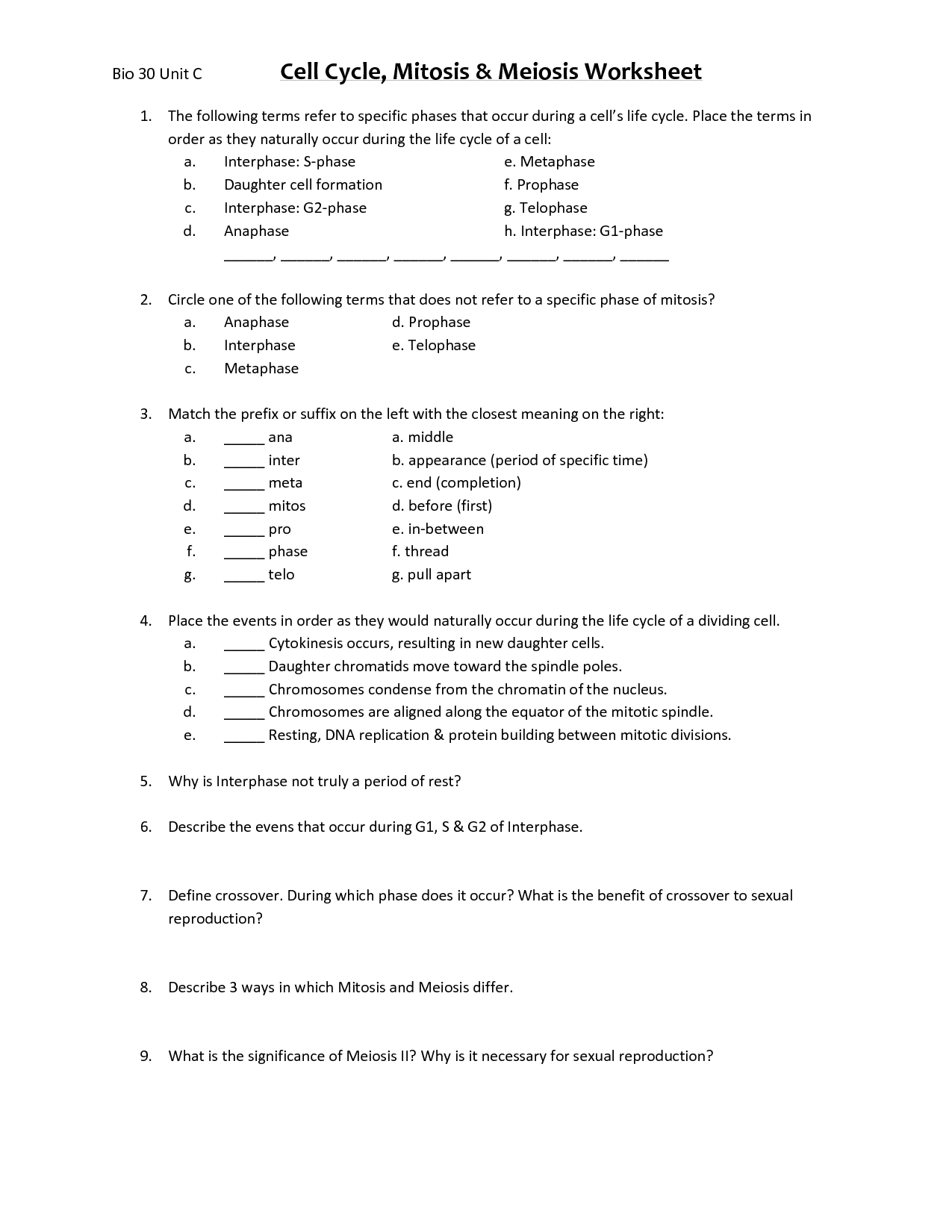 Of Phases Of Mitosis Worksheet Answers Meiosis Matching Worksheet 