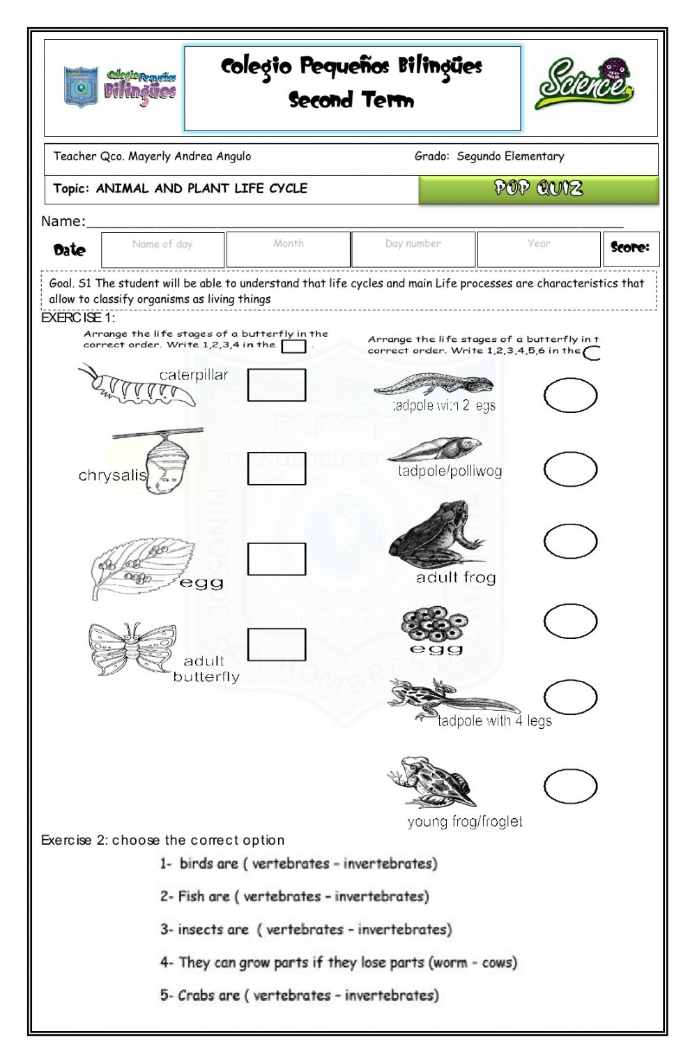 Pop Quiz animal And Plant Life Cycle second Term Science Worksheet