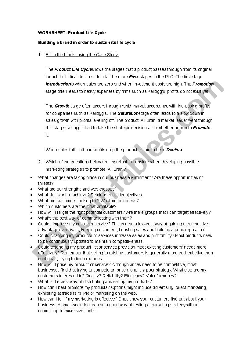 Product Life Cycle ESL Worksheet By NVM76