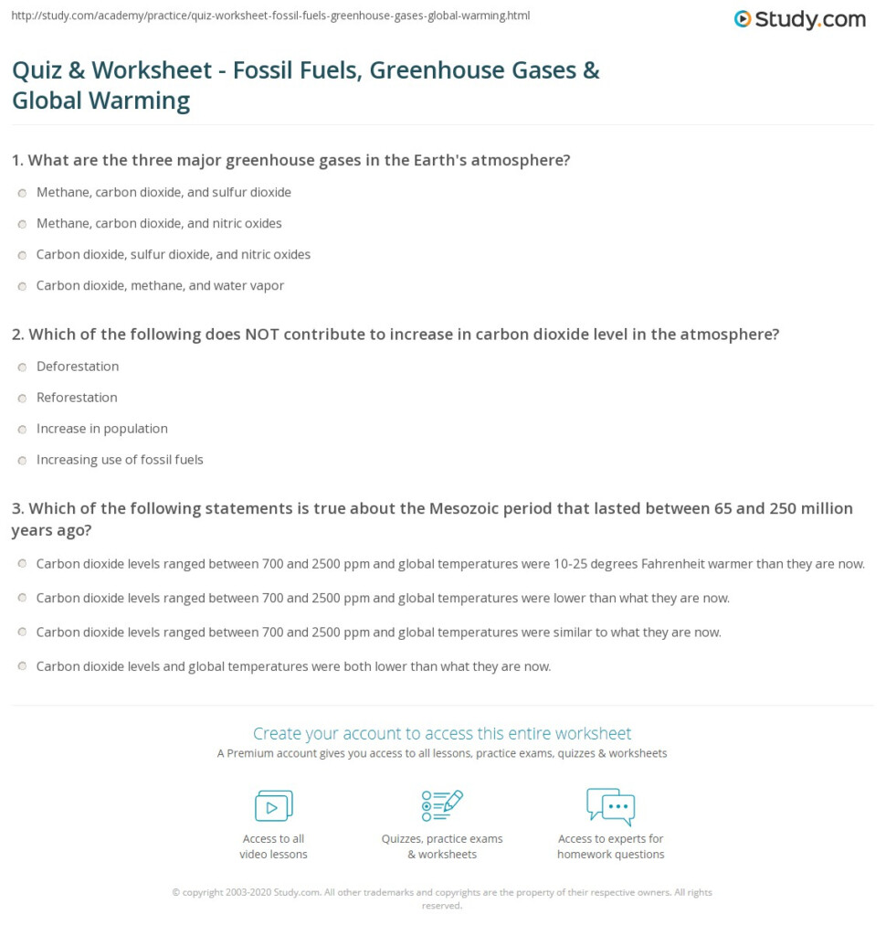 Quiz Worksheet Fossil Fuels Greenhouse Gases Global Warming 