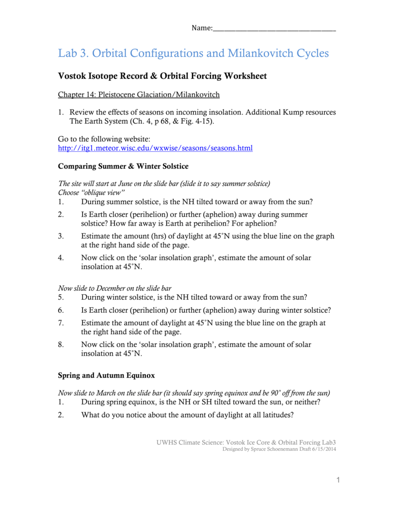 Student Handout For Milankovitch Cycles