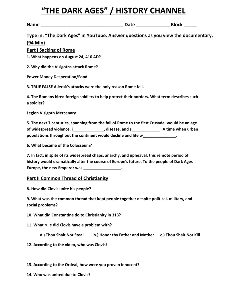 The Dark Ages Video Worksheet Answer Key