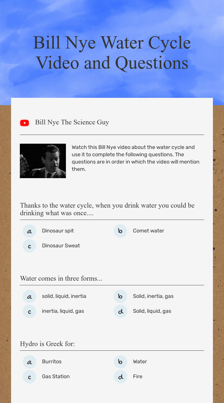 Wizer Me Interactive Worksheet Bill Nye Water Cycle Video And 