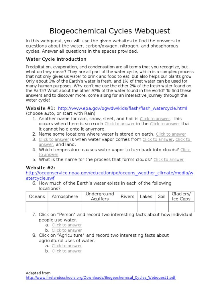 Biogeochemical Cycles Worksheet Answers