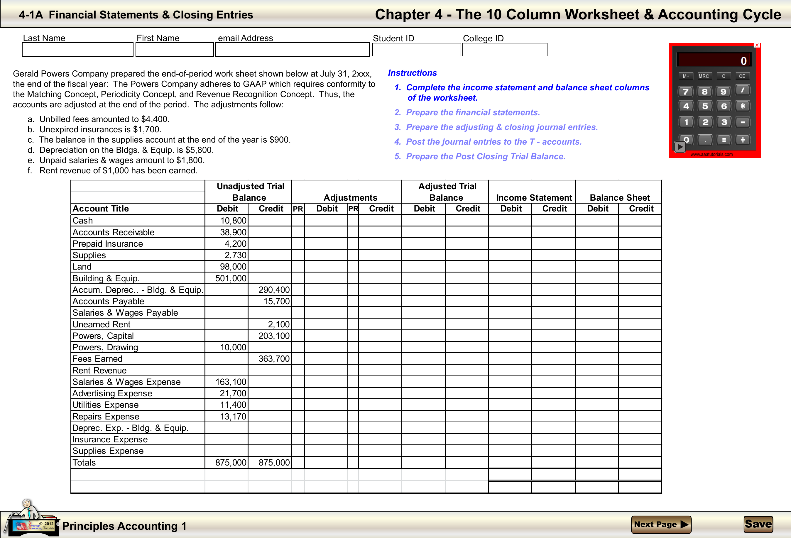 Chapter 4 The 10 Column Worksheet Accounting Cycle