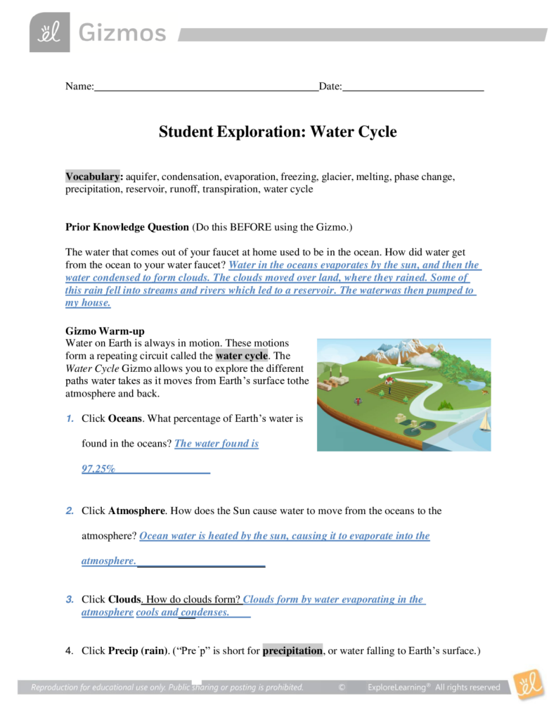 Gizmos Student Exploration Water Cycle Answer Key