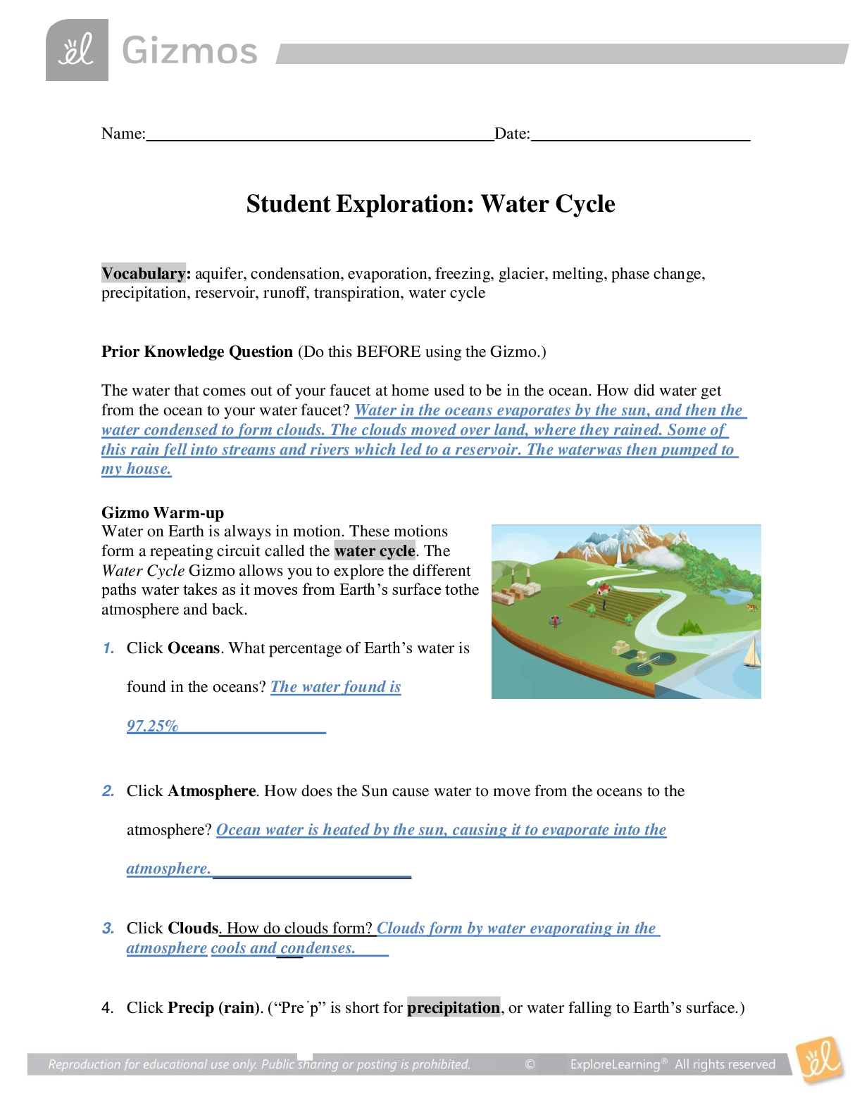 Gizmos Student Exploration Water Cycle Answer Key