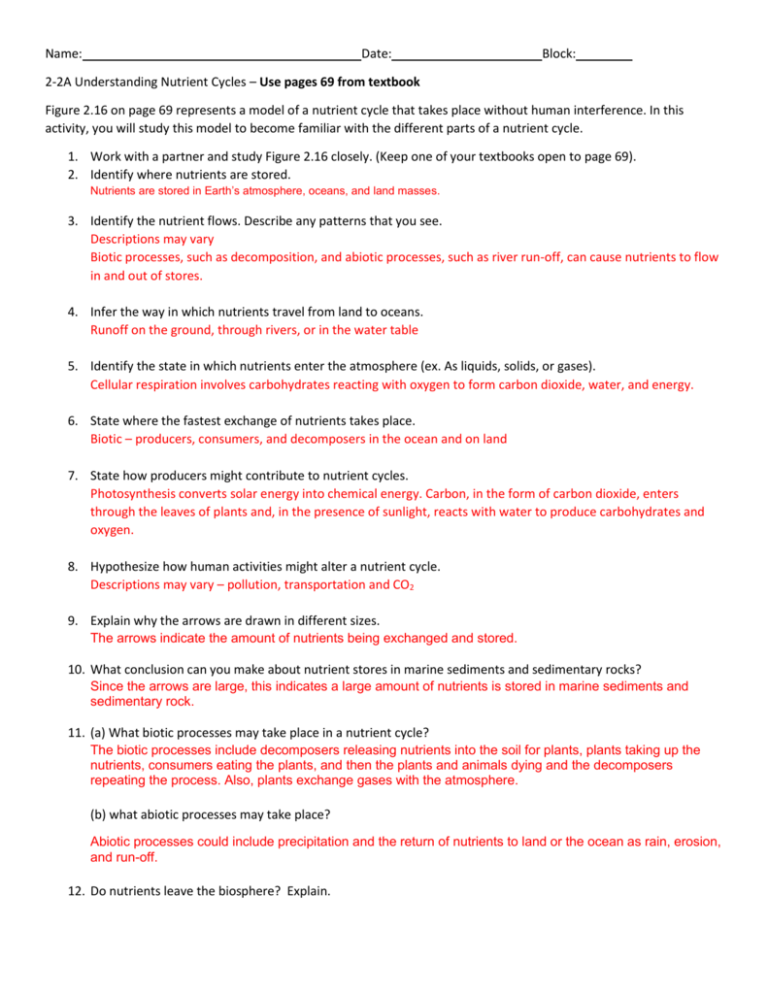 Nutrient Cycles Answer Key