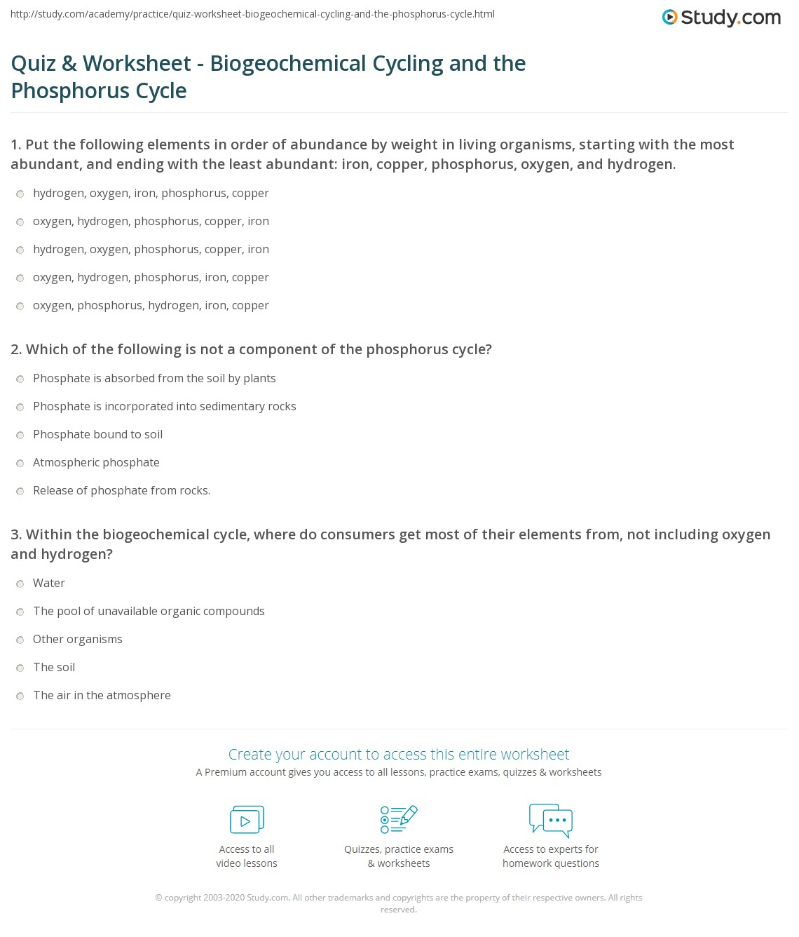 Quiz Worksheet Biogeochemical Cycling And The Phosphorus Cycle 