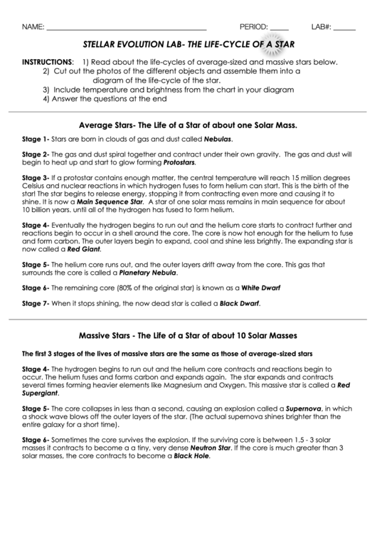 Stellar Evolution Lab The Life Cycle Of A Star Worksheet Printable 