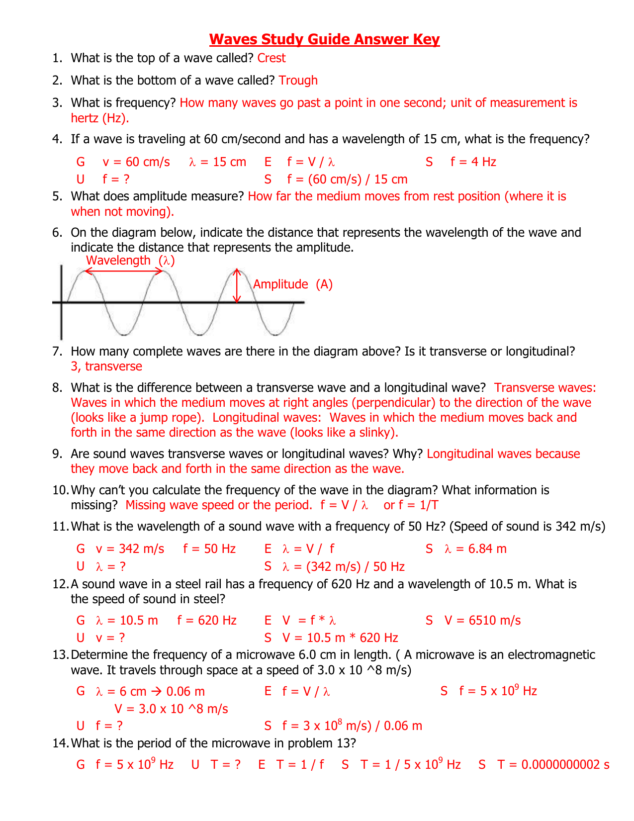 Wave Worksheet Answer Key