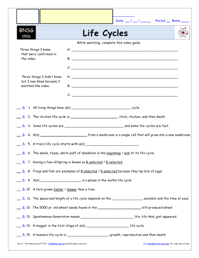 Worksheet For Bill Nye Life Cycles Video Differentiated Worksheet 